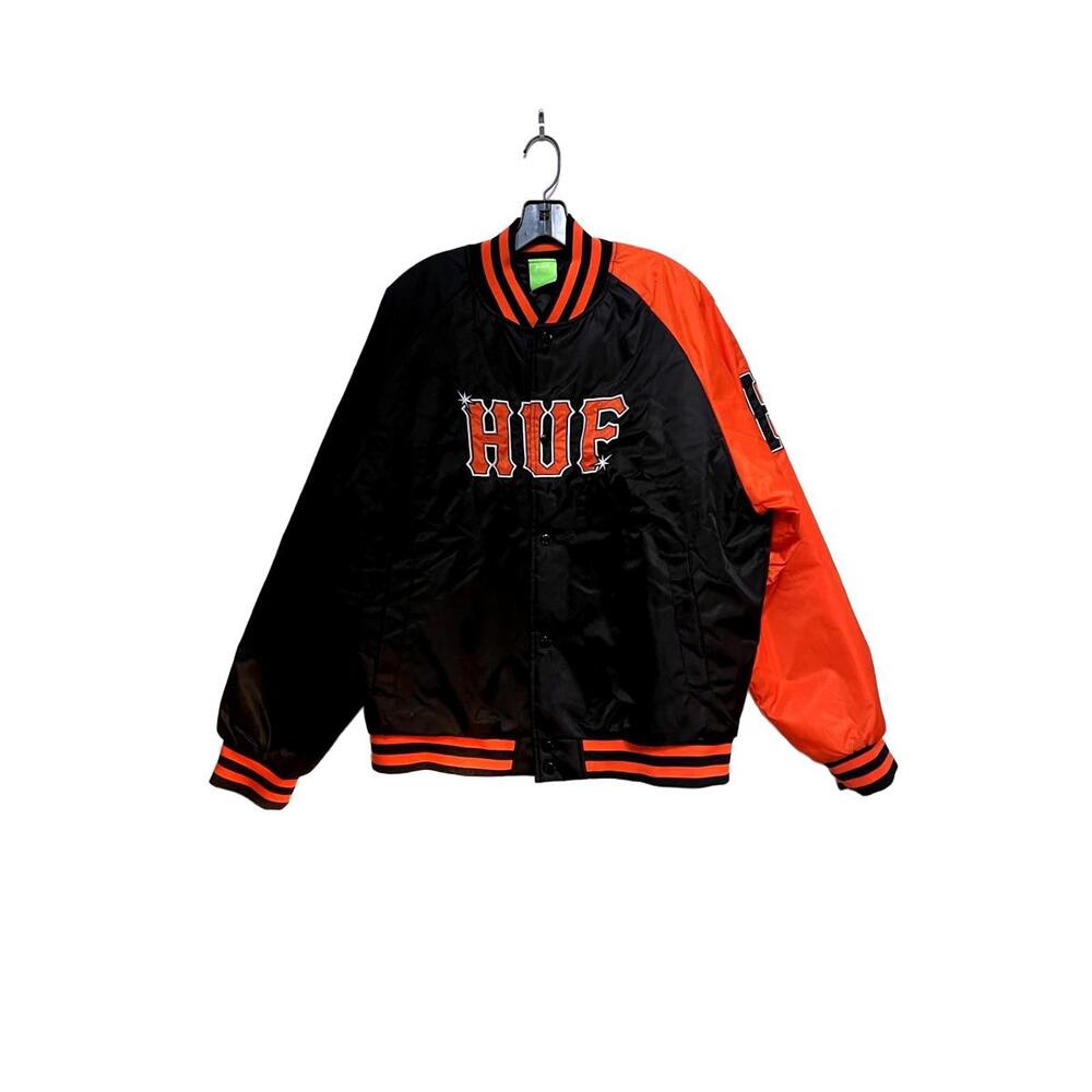 HUF Baseball Bomber Jacket Mens L Snap Satin Water Repellent Black Orange NWT